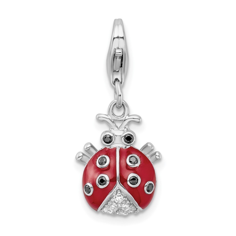 Sterling Silver Polished 3-D CZ Enameled Lady Bug Bracelet Charm Lobster Clasp